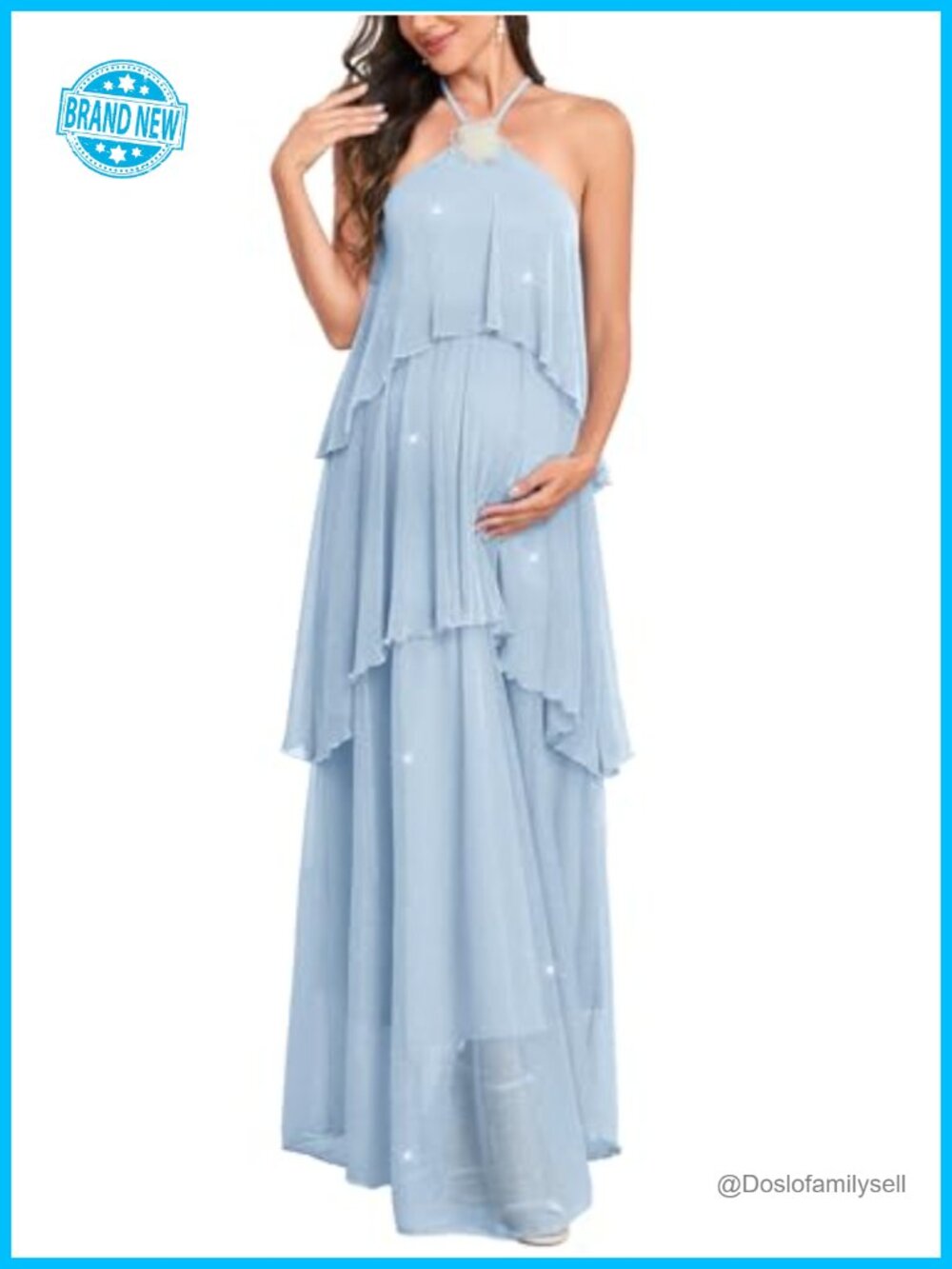 Maternity Halter Neck Maxi Dress Sparkly Mesh Tiered Ruffle Flower Baby Shower